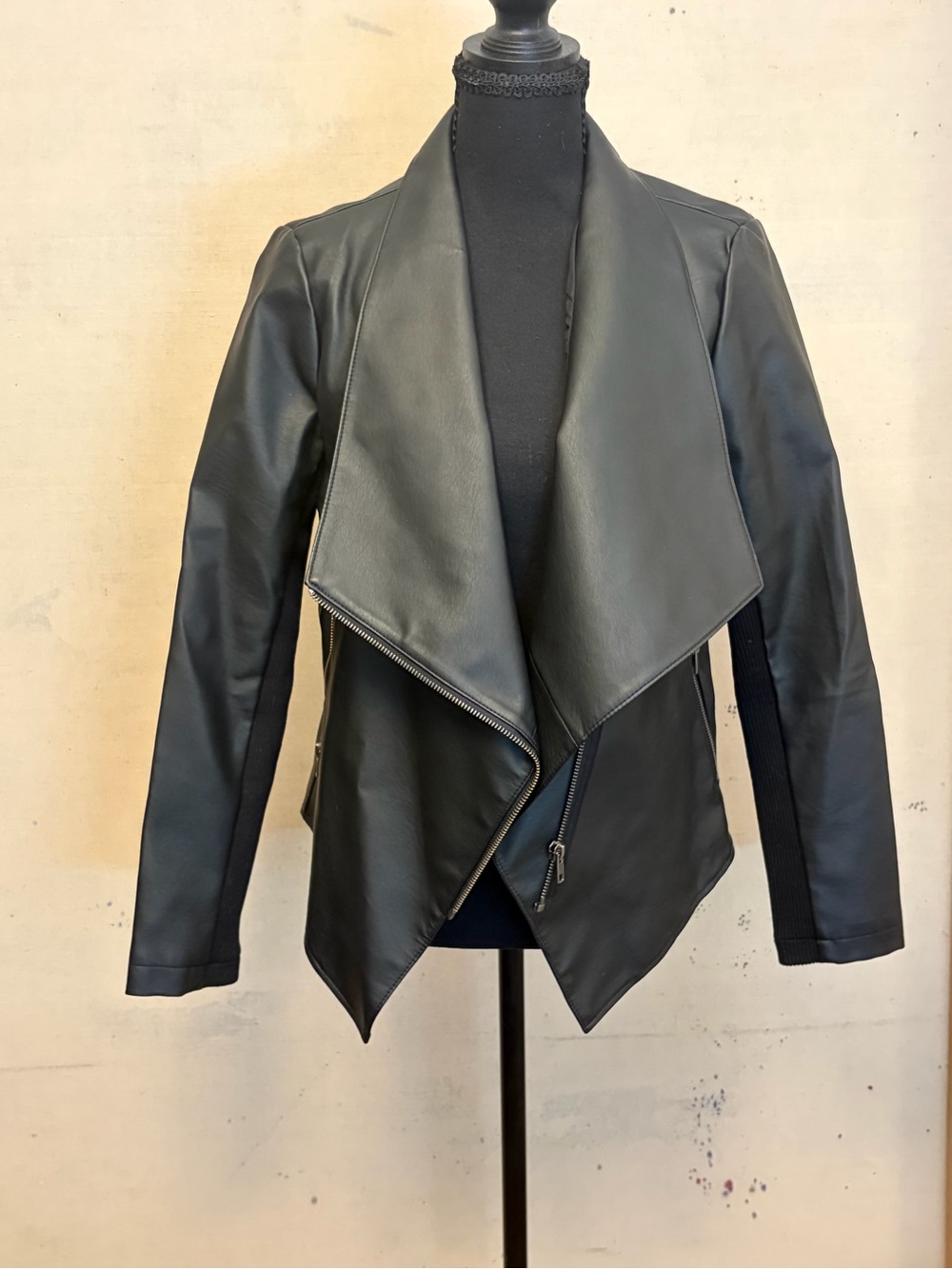 BB Dakota Black Draped Front Faux Leather Indie Style Jacket, Size Small